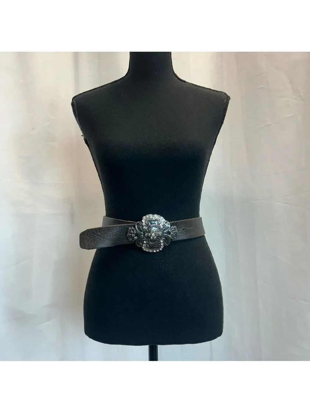 Brave western made in Italy brown leather crystal rhinestone buckle belt Sz 32
